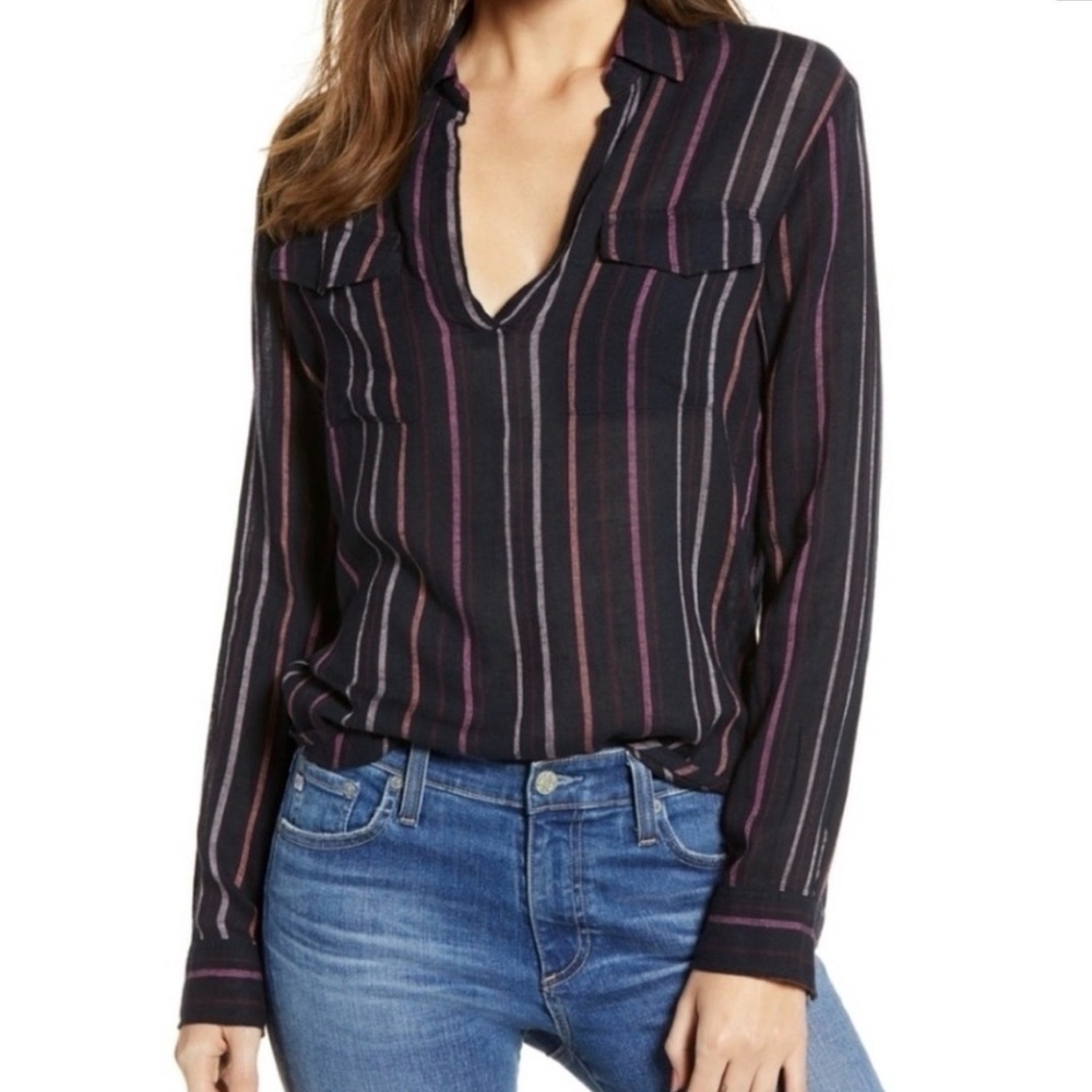 Rails Selena Baja Stripe Pullover Black Colorful Linen Rayon Shirt Size Small